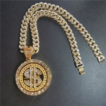 Hiphop滿鉆古巴項鏈男旋轉美元鑲鉆吊墜個性嘻哈歐美街頭潮人配飾
