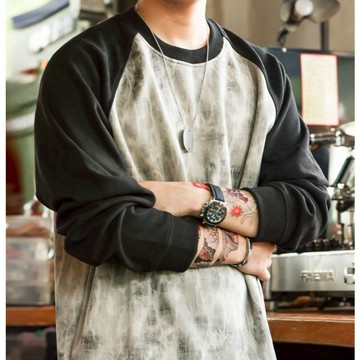 Wuluwear 水墨暈染插肩袖重磅T恤男360g美式大理石紋撞色長袖大學T