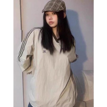 2025潮牌美式復古V領織帶插肩袖情侶衛衣男女秋季運動風外套上衣