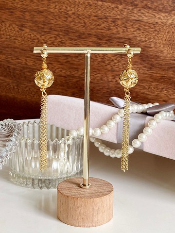 18K金葉子球長耳環/婚禮新娘耳環/ 結婚耳環