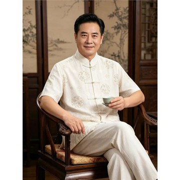 中國風爸爸新中式男裝短袖套裝衣服中老年人唐裝男士襯衫爺爺裝夏