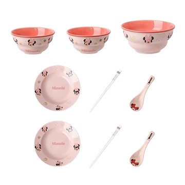 迪士尼 淘趣米妮 陶瓷餐具套裝 雙人餐具組 可愛卡通風格 碗 盤子 筷子 勺子  碗  盤子  筷子  勺子  粉色  1組