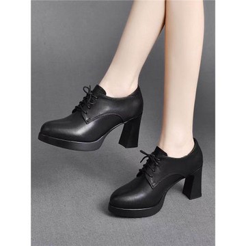 粗跟高跟鞋女2026年春季新款系帶棕色真皮防水臺厚底深口工作單鞋