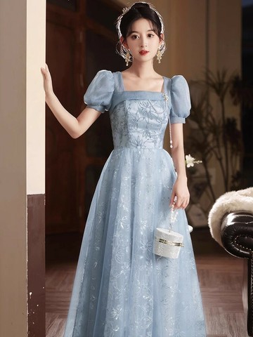 大尺碼晚禮服洋裝 法式小晚禮服女2025新款高級感方領主持人連衣裙輕奢小眾高端網紗