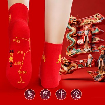 2024甲辰年太歲吉祥物七星連珠紅色襪子男士本命年襪子純棉屬龍狗