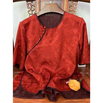 加厚花羅香云紗上衣女士襯衫真絲夏季中式提花休閑T恤100％桑蠶絲