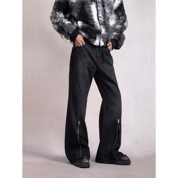 PLAN1ONE小眾重磅解構水洗微喇叭牛仔褲男復古做舊雙開拉鏈拖地褲