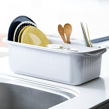 Lustroware日本岩崎長型雙層碗盤瀝水籃附蓋 日本製