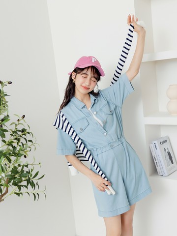 涼感．天絲丹寧襯衫領收腰微寬版連身短褲