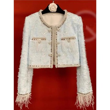 小香風洋氣鑲鉆鴕鳥毛短款外套女名媛圓領粗花呢氣質毛毛開衫上衣