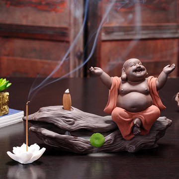 大號紫砂彌勒佛熏香爐陶瓷倒流香沉香薰爐客廳創意線香插網紅擺件