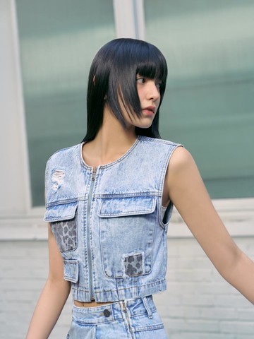 Color Block Patch Round Neck Denim Vest (ER2DV460)