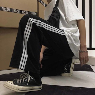 ins超火三條杠闊腿褲女春秋韓版高腰顯瘦直筒學生休閑運動褲