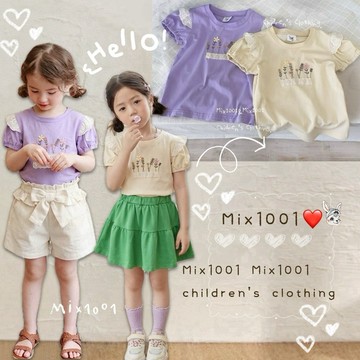 🌈✨mix1001刺繡插花小花束💐造型上衣✨兒童花苞袖拼接緹花上衣5-17