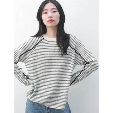 犬馬聲色 100%山羊絨小圓領插肩輯線撞色 條紋松身針織套頭衫女