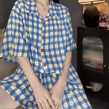 DUYI~夢詩 睡衣女滌棉簡約可愛ins薄款格子宿舍家居服套裝外穿兩件套