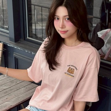男女同款 土撥鼠圖章 短袖上衣 - 粉紅色