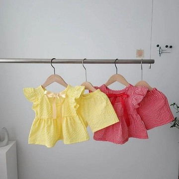 Mini baby🌷夏季甜美格子套裝女小童菲邊綁帶可愛百搭背心+短褲兩件套