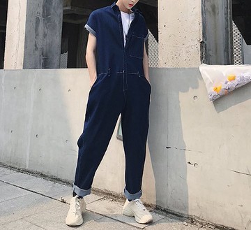 FINDSENSE H1 2018 夏季 新款 獨家高端設計 清新藍色 休閒 牛仔 連體褲 工裝褲 休閒褲 潮 男褲子