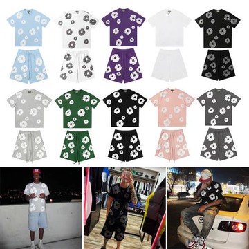 跨境套裝DENIM TEARS美式滿印發泡短褲木棉花圓領純棉侃爺短袖T恤