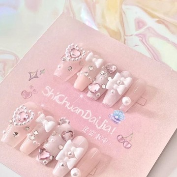 🎀台灣出貨🎀短款可愛軟萌穿戴甲純手工美甲珍珠蝴蝶結裸色粉嫩兔兔辣妹穿戴式