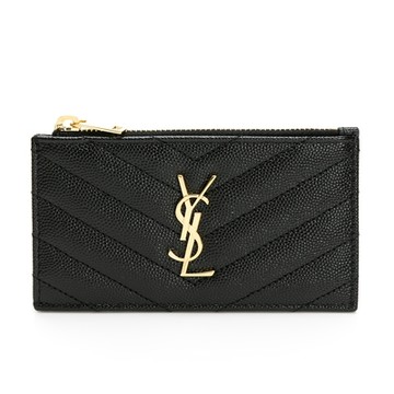 YSL Saint Laurent MONOGRAM系列V字縫線金屬LOGO魚子醬拉鍊卡夾零錢包（黑）