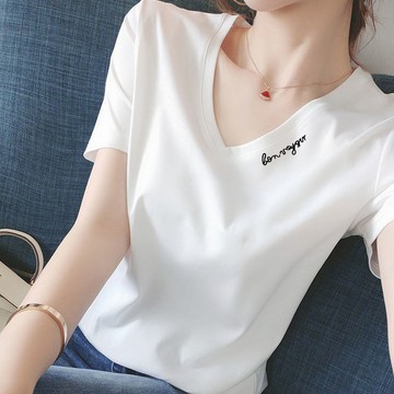 M-4XL 大尺碼上衣 白色上衣 v領短袖t恤女 夏季半袖韓版寬松大碼上衣女士百搭體恤
