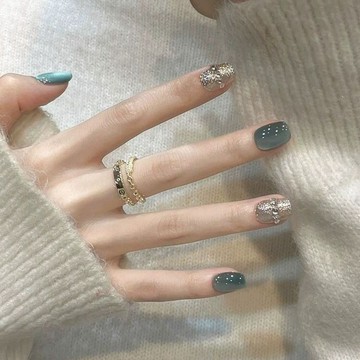 新店開業 約48H出貨 純手工穿戴甲短款溫柔純欲顯白寶石貓眼綠色美甲成品穿戴式甲片