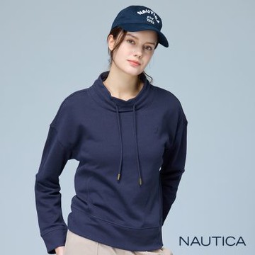 Nautica女裝 抽繩高領設計感長袖T恤-藍色