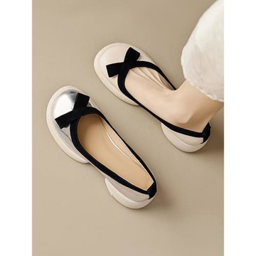 巨好穿法式單鞋女春秋圓頭中跟平底鞋真皮蝴蝶結米白色33碼40銀色