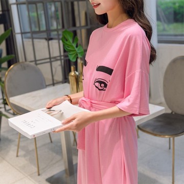 FINDSENSE H1 2018 夏季 韓國 新款 腰帶 圓領 中長款 T恤 短袖  連衣裙 女顯瘦 通勤 裙子