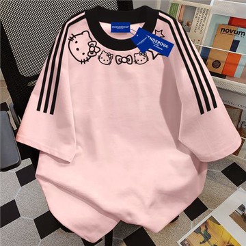 純棉美式可愛三條杠撞色短袖T恤女2025夏季凱蒂貓印花打底衫上衣
