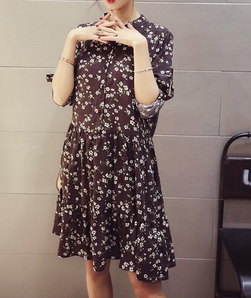 FINDSENSE MD 韓國時尚 女 甜美 百搭 小清新 小碎花 寬鬆 立領 連身裙 打底裙