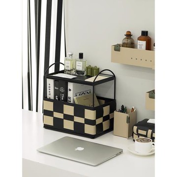 PU拼色二層置物架手工編織收納筐棋盤格桌面收納架高檔輕奢整理筐