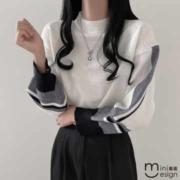 【Mini嚴選】小立領拼色針織上衣 三色