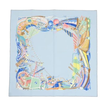 Hermes 愛馬仕 Bord a Bord 80手工捲邊全棉方巾(水藍/彩)