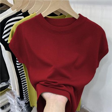 歐貨純色百搭半袖冰絲針織薄款小衫女2025夏季酒紅短袖T恤上衣潮