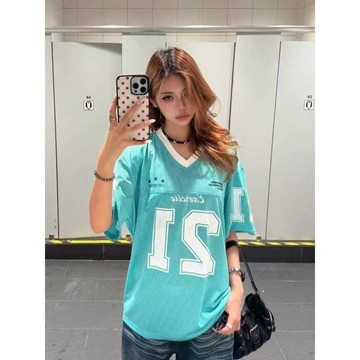 本土出貨  美式數字球 冰球服 橄欖服 美式復古數字網眼3D印花V領球衣短袖T恤男女夏季寬鬆滌綸顯瘦上衣Y R