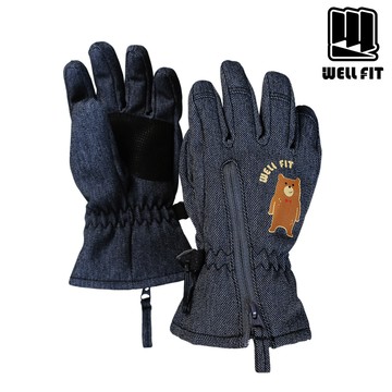 Well Fit 兒童保暖手套(五指) 小熊【丹寧藍】S-M