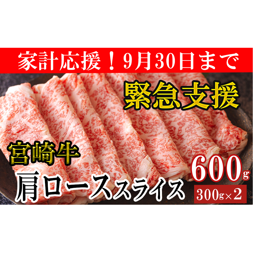 宮崎牛 肩ロース スライス 300g×2 合計600g 数量限定 宮崎県産 冷凍 家計応援 内閣総理大臣賞受賞 国産 牛肉 送料無料 黒毛和牛 薄切り うす切り すき焼き ミヤチク 牛丼 炒め物 しゃ