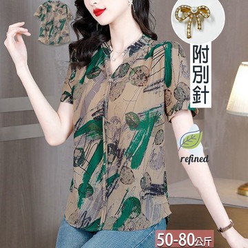 亨利領樹葉塗鴉拚色印花車線上衣+別針 L-4XL【402317X】【現+預】☆流行前線☆