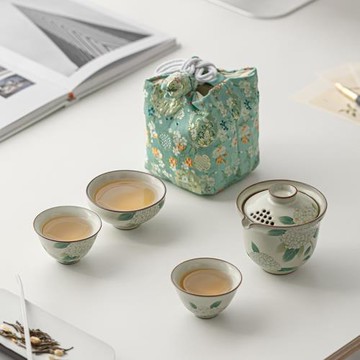 高檔汝窯快客杯一壺三杯便攜式旅行功夫茶具套裝戶外泡茶壺茶杯