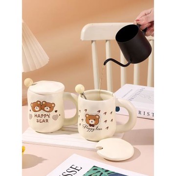 可愛卡通小熊杯子女生日禮物高顏值情侶水杯陶瓷馬克杯帶蓋咖啡杯
