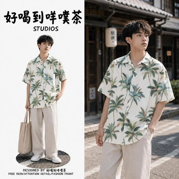 快速出貨！男生短袖襯衫 印花襯衫 港風襯衫 夏威夷襯衫 沙灘襯衫 寬鬆襯衣 夏季上衣 青年學生 休閒度假 百搭穿搭