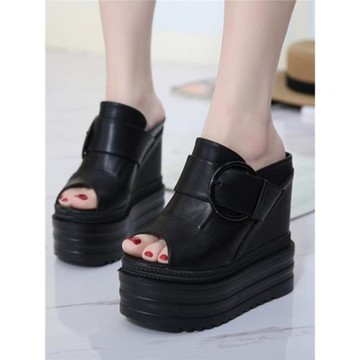 14CM超高跟坡跟內增高魚嘴涼鞋松糕厚底皮帶扣女鞋防水臺百搭拖鞋
