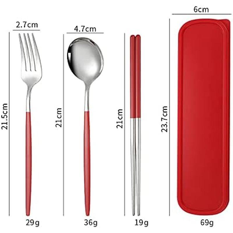 Aduson カトラリーセット ステンレス鋼 箸 フォーク スプーン 3点セット 軽量携帯 大人 子供用 ケース付き シルバー ピンク