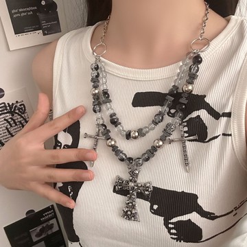 【台灣公司 可打統編】免運 朋克重工骷髏十字架吊墜項鏈歐美跨境飾品暗黑哥特風鉚釘串珠項飾 可開發票 全館五折 工廠現貨直銷 新品特價 z9211