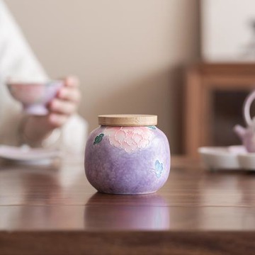 陶紫堆料牡丹蝴蝶茶葉罐陶瓷密封罐防潮茶罐茶葉存儲罐竹蓋小罐