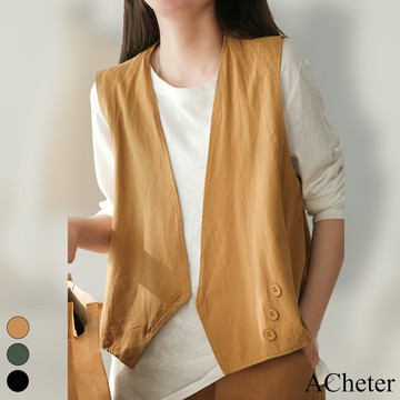 【ACheter】冒險小隊棉質斜紋v領純色舒適寬鬆休閒百搭短版背心# 113703(現貨+預購)