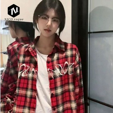 【Nico】臺灣熱銷🔥復古高街紅色格子長袖襯衫女春秋vintage百搭休閒襯衣外套潮